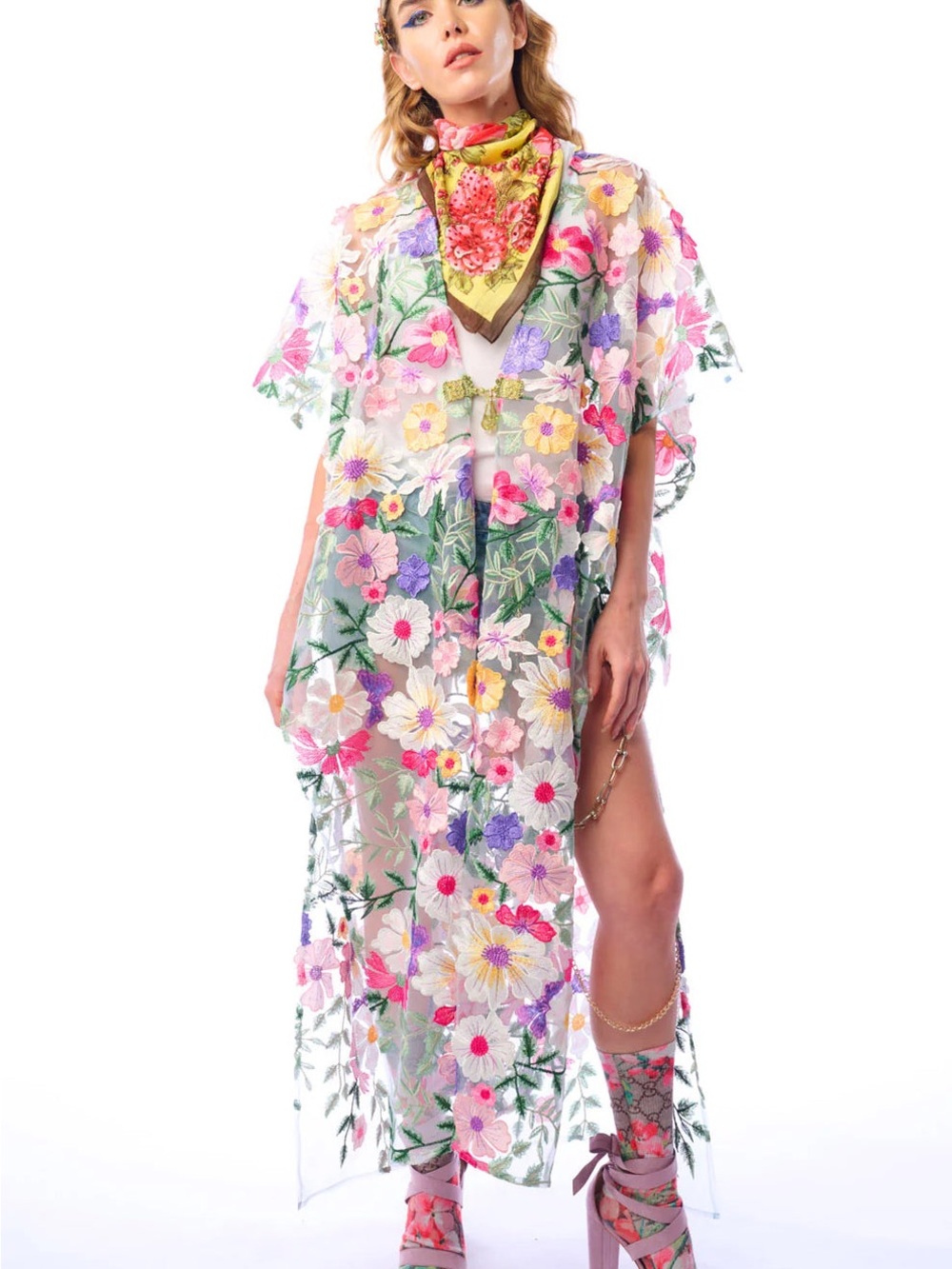 Aratta Floral Embroidered Sheer Kimono- Multicolor
